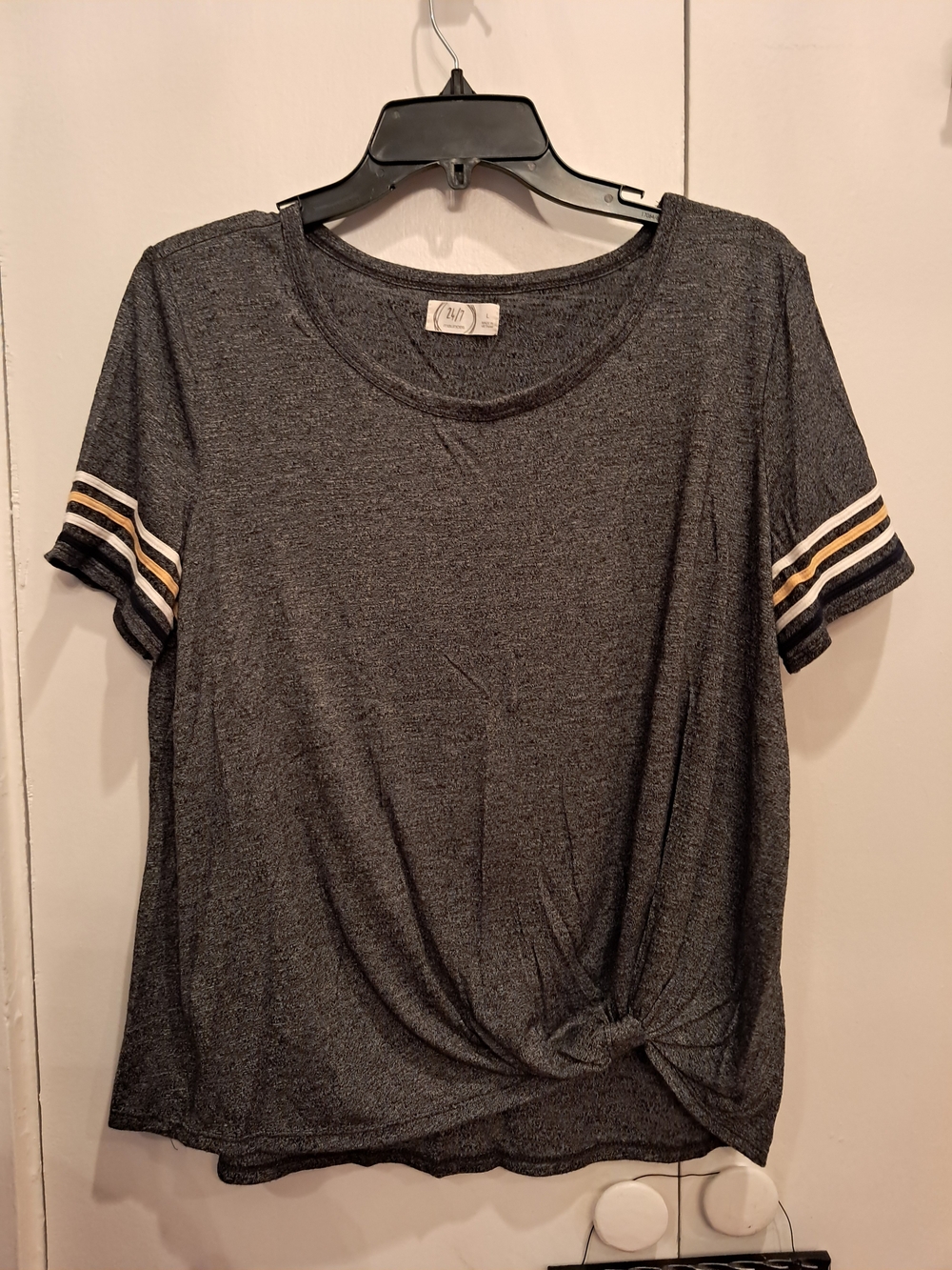 Maurices Tie-Front Short Sleeve Tee in Charcoal with Stripe Detail